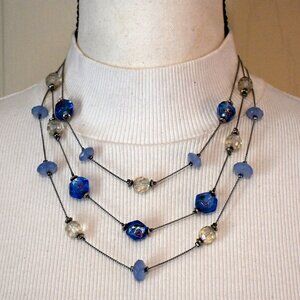 Blue Tone Glass Bead Multi-layer Floating Bead Station Necklace